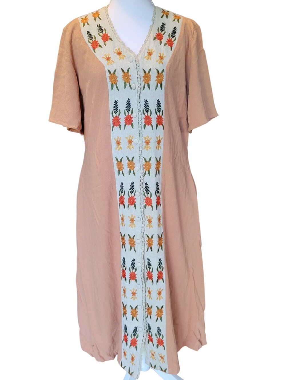 Roolee Honey & Pine Linen Cotton Embroidered Button Down Flutter Sleeve Dress